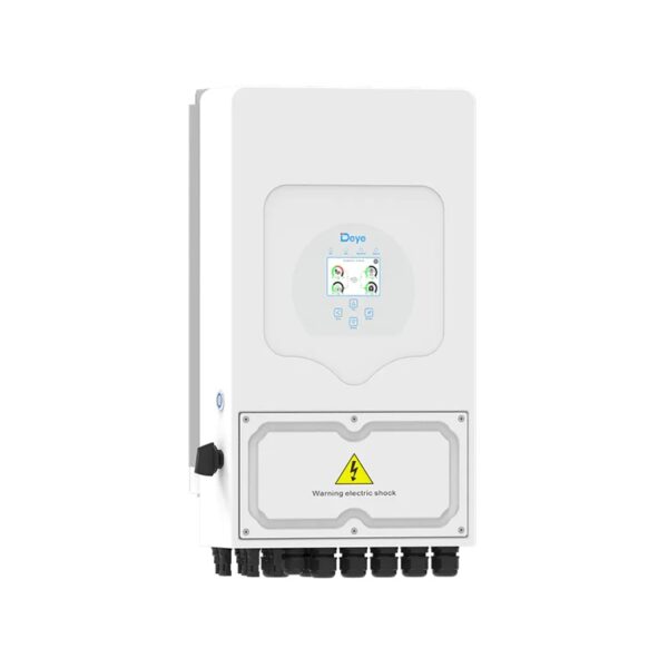 Front view of the Deye 8kW Hybrid Inverter showing its compact design, LCD touchscreen, and robust weatherproof enclosure (IP65-rated).