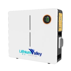 Front-facing 3D view of a 48V 5kWh 100Ah wall-mounted lithium ion battery for solar in sleek grey LiFePO₄ casing