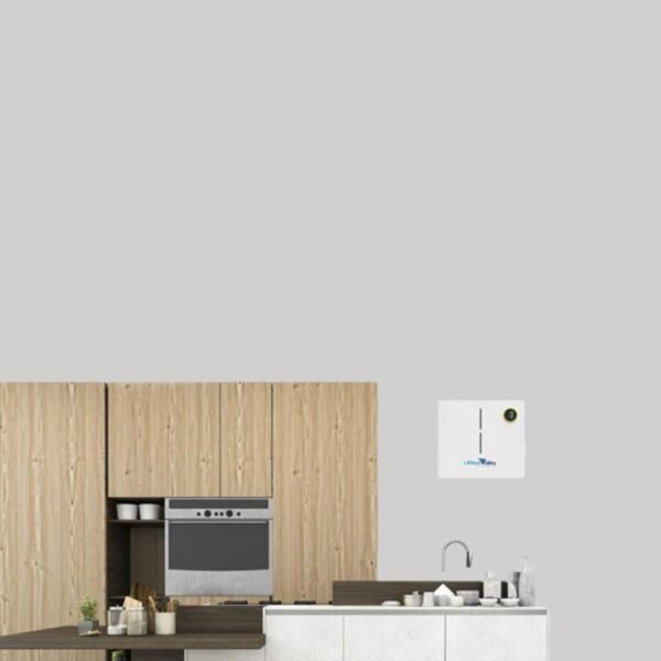 Wall-mounted 48V 5kWh 100Ah lithium ion battery for solar installed in a modern kitchen utility area, blending with home décor for clean solar energy storage
