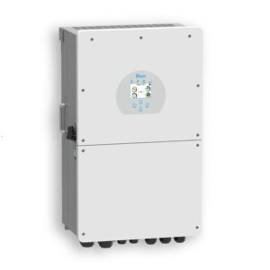 Front view of the Deye 12 kW Hybrid Inverter – Single Phase showing compact design with colorful LCD screen and IP65-rated casing