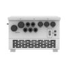 Bottom and ports view of the Deye 12 kW Hybrid Inverter – Single Phase showing multiple AC/DC terminals, battery ports, communication interfaces, and ventilation grill.