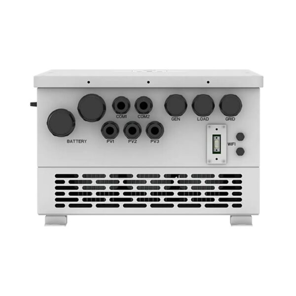 Bottom and ports view of the Deye 12 kW Hybrid Inverter – Single Phase showing multiple AC/DC terminals, battery ports, communication interfaces, and ventilation grill.