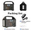 The complete package for the 100W portable power station solar generator, including the unit, charger, and user manual.